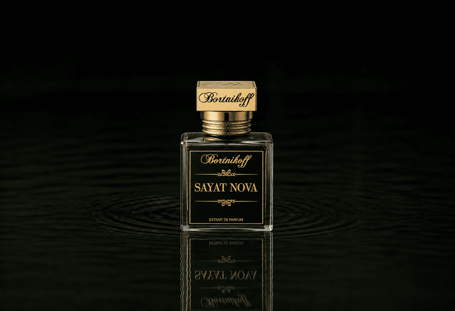 Bortnikoff Sayat Nova fragrance bottle floating above dark water