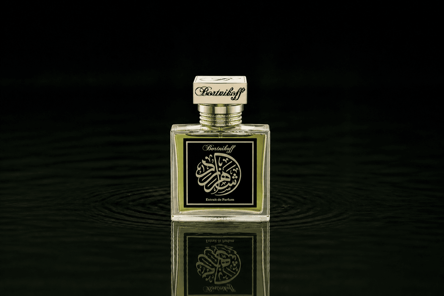 Bortnikoff Scheherazade fragrance bottle floating above dark water