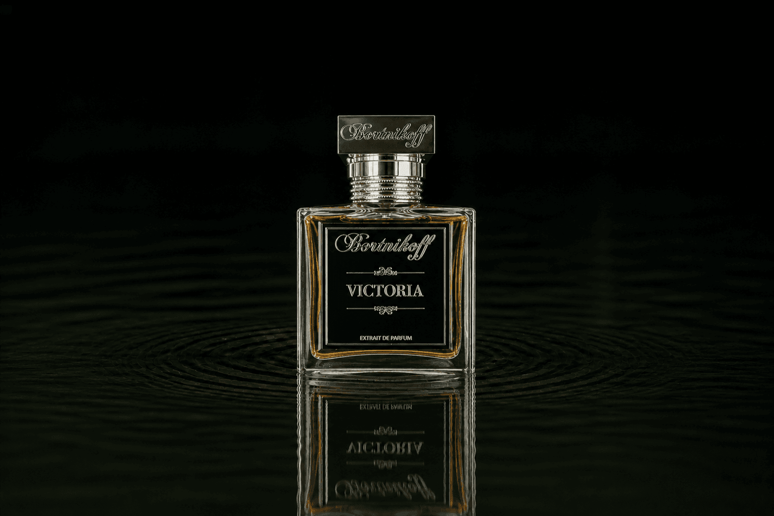 Bortnikoff Victoria fragrance bottle floating above dark water