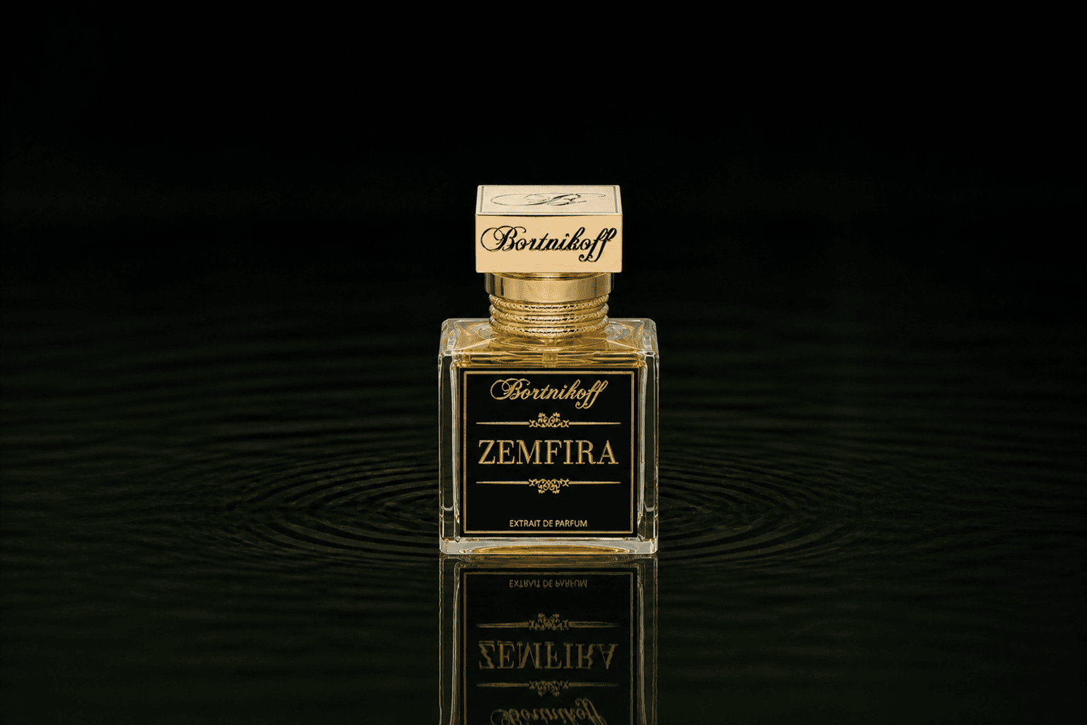 Bortnikoff Zemfira fragrance bottle floating above dark water