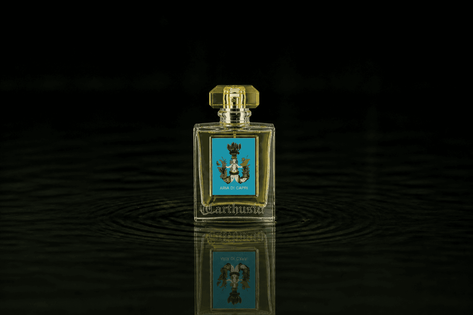 Carthusia Aria Di Capri fragrance bottle floating above dark water