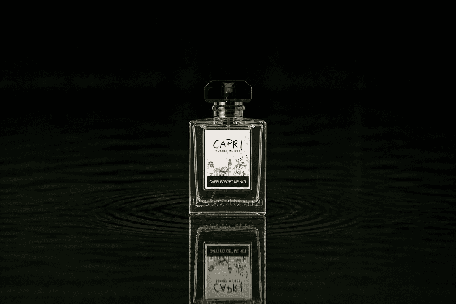 Carthusia Capri Forget Me Not fragrance bottle floating above dark water