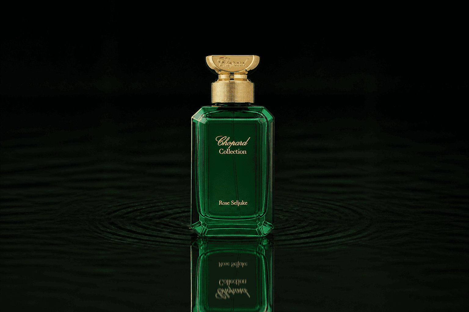 Chopard Rose Seljuke fragrance bottle floating above dark water