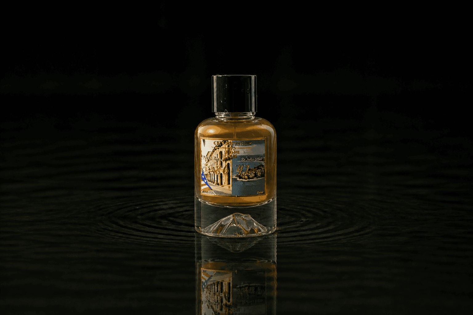 City Rhythm 86.41 fragrance bottle floating above dark water