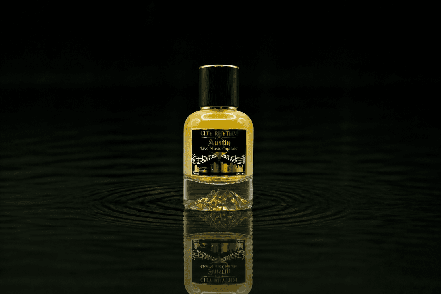 City Rhythm Austin fragrance bottle floating above dark water
