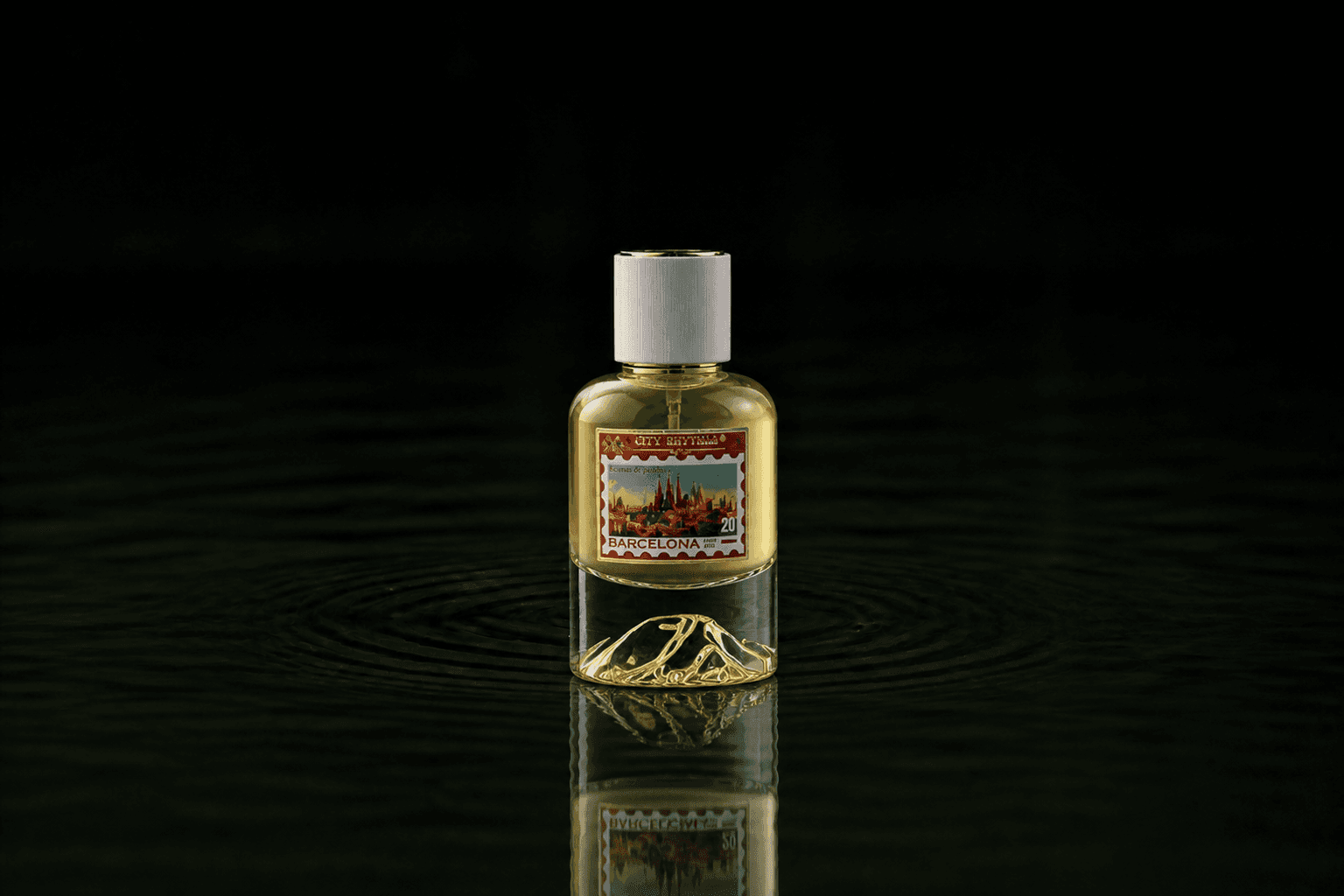 City Rhythm Barcelona fragrance bottle floating above dark water