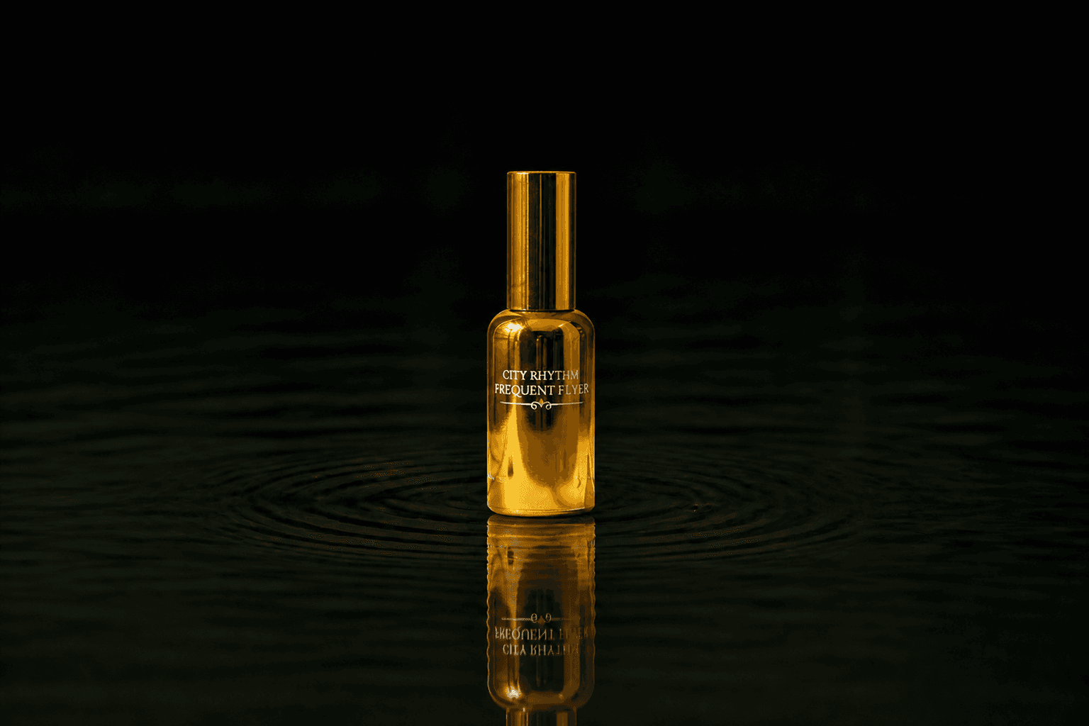 City Rhythm Frequent Flyer fragrance bottle floating above dark water