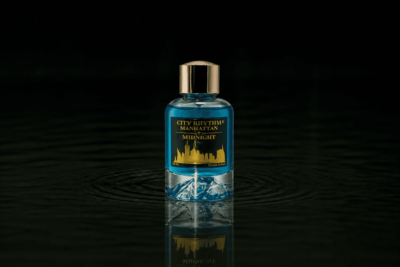 City Rhythm Manhattan Midnight fragrance bottle floating above dark water