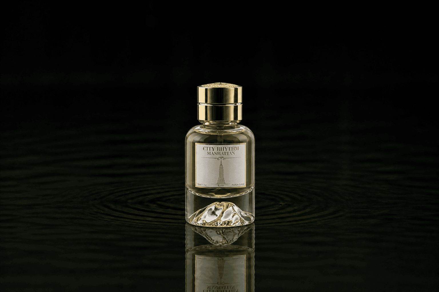 City Rhythm Manhattan fragrance bottle floating above dark water