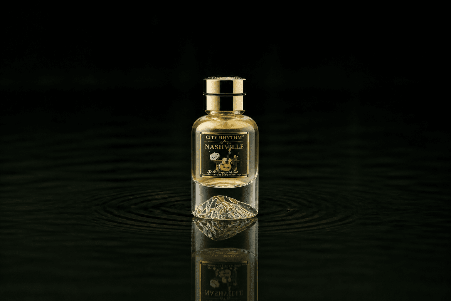 City Rhythm Nashville fragrance bottle floating above dark water