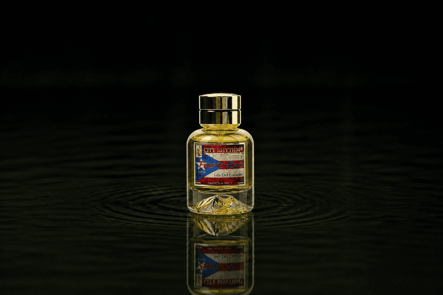 City Rhythm Puerto Rico fragrance bottle floating above dark water