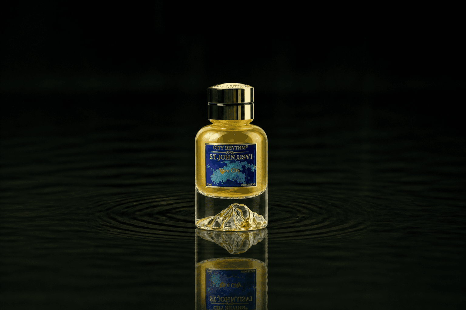 City Rhythm St John fragrance bottle floating above dark water