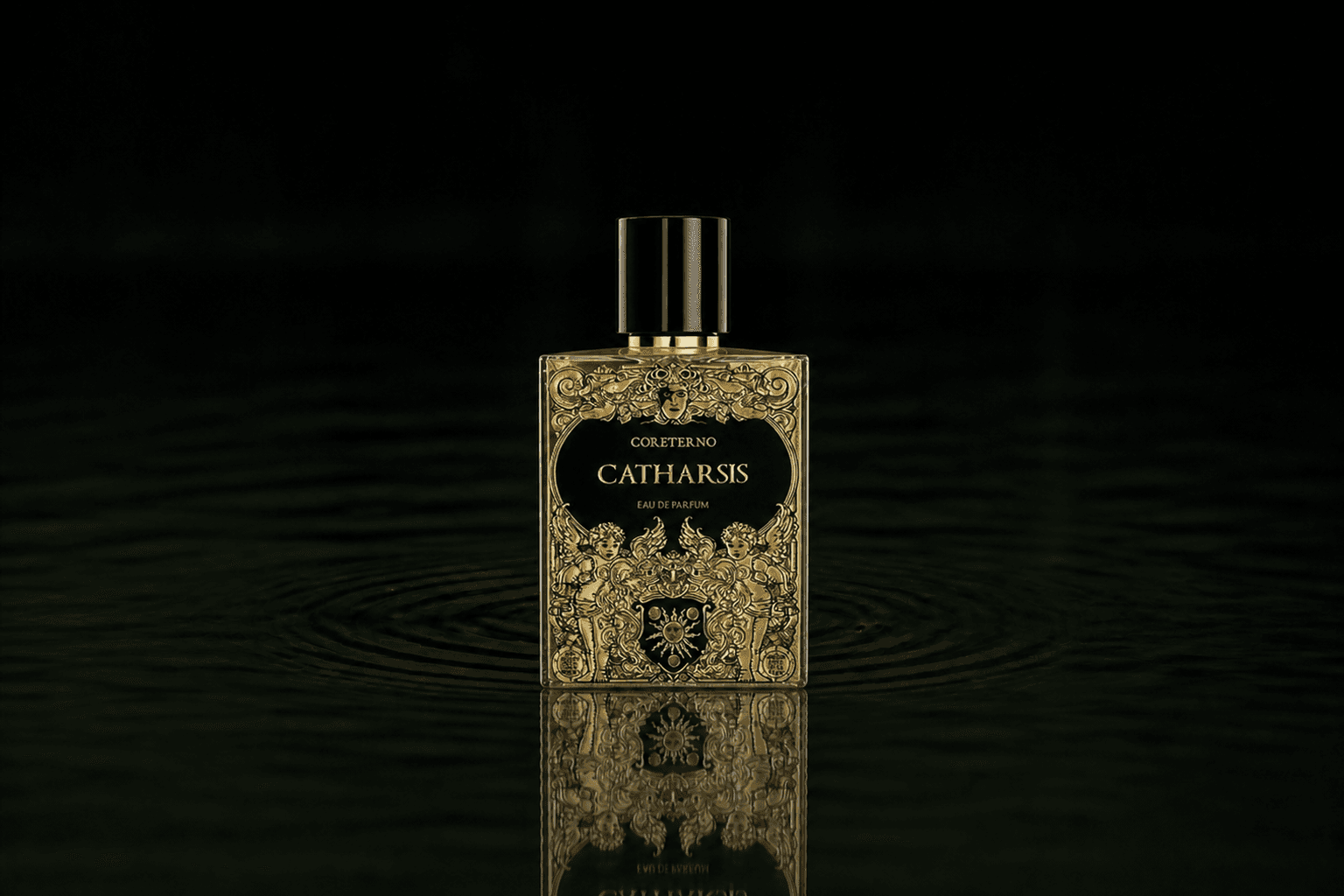 Coreterno Catharsis fragrance bottle floating above dark water
