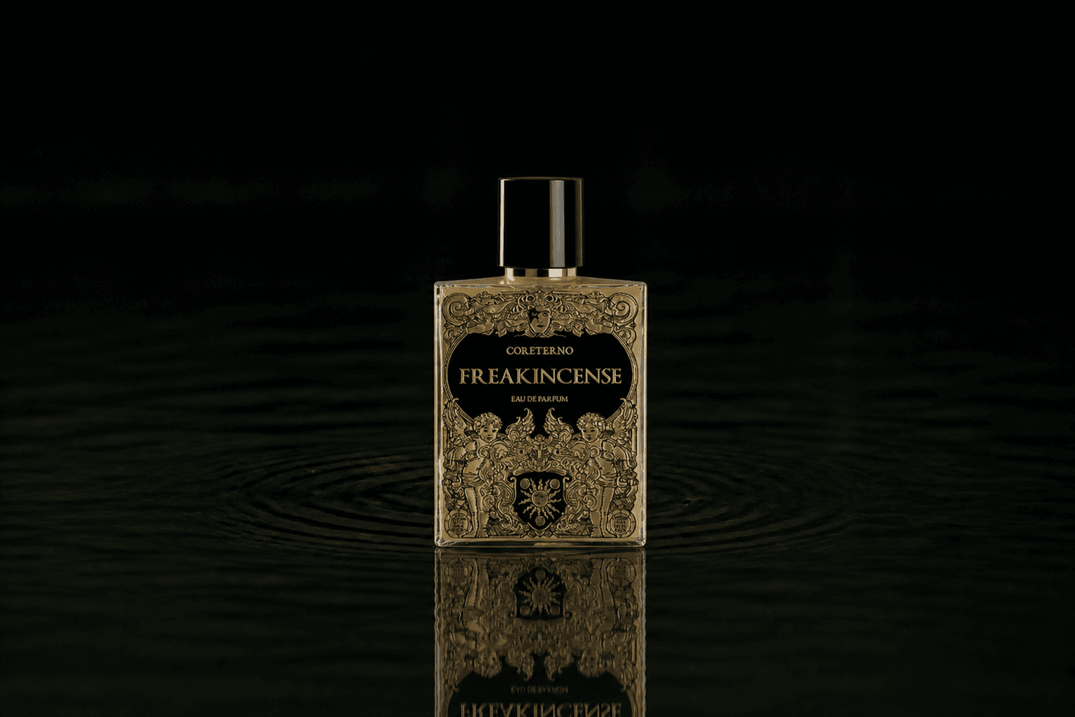 Coreterno Freakincense fragrance bottle floating above dark water