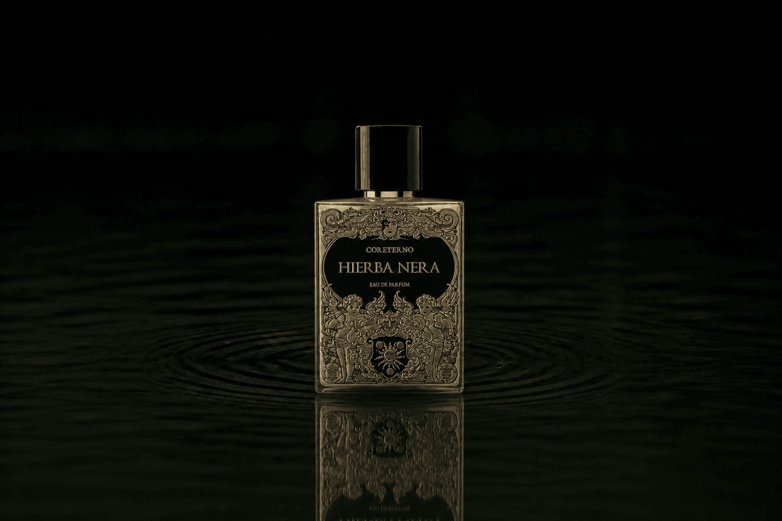 Coreterno Hierba Nera fragrance bottle floating above dark water
