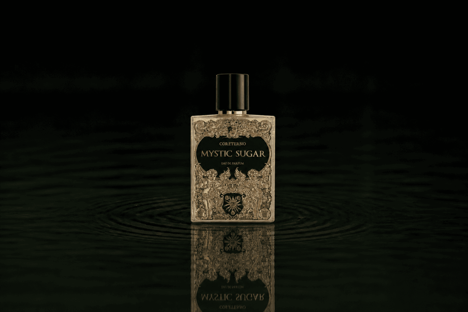 Coreterno Mystic Sugar fragrance bottle floating above dark water