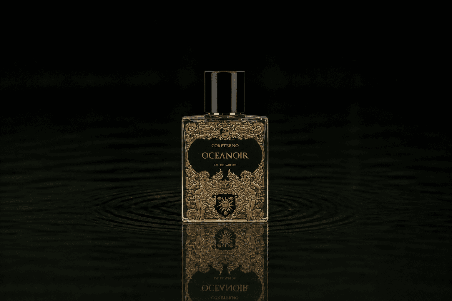 Coreterno Oceanoir fragrance bottle floating above dark water