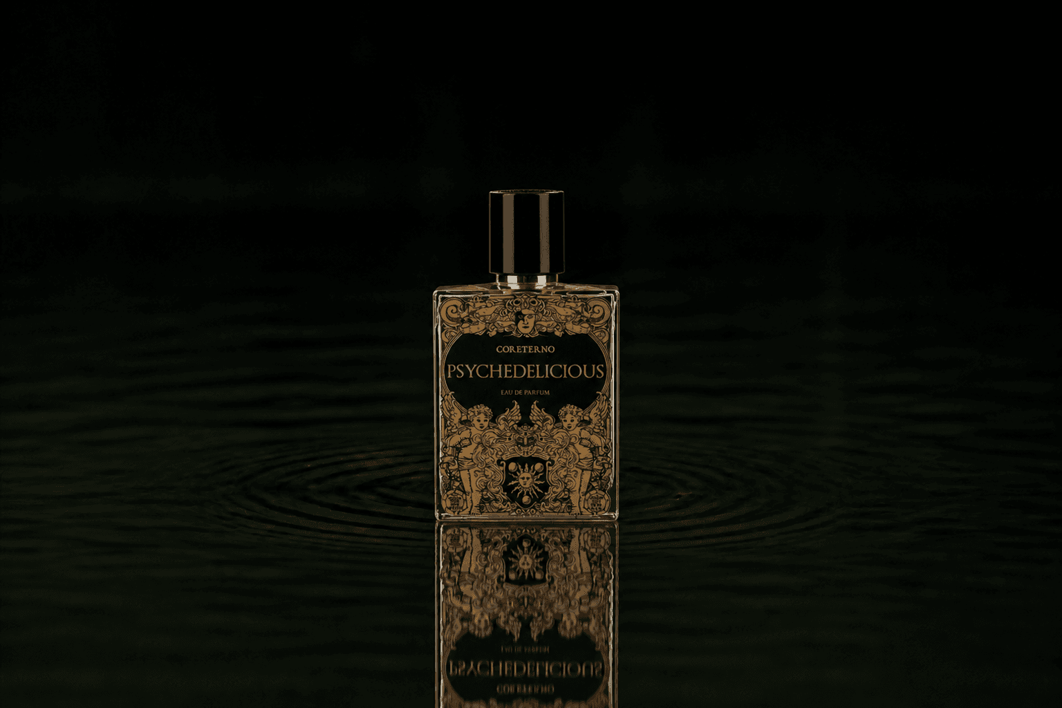 Coreterno Psychedelicious fragrance bottle floating above dark water