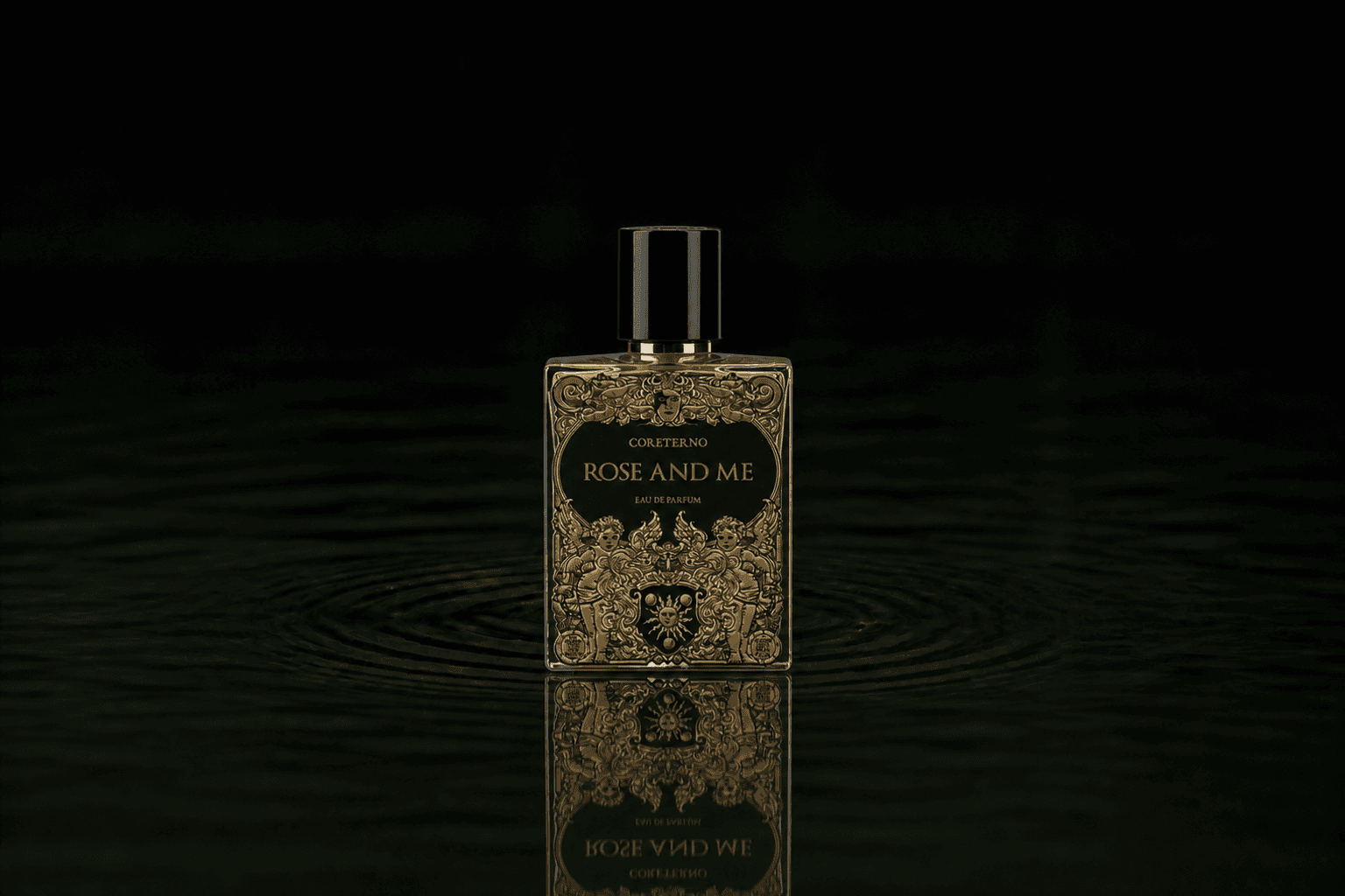 Coreterno Rose And Me fragrance bottle floating above dark water