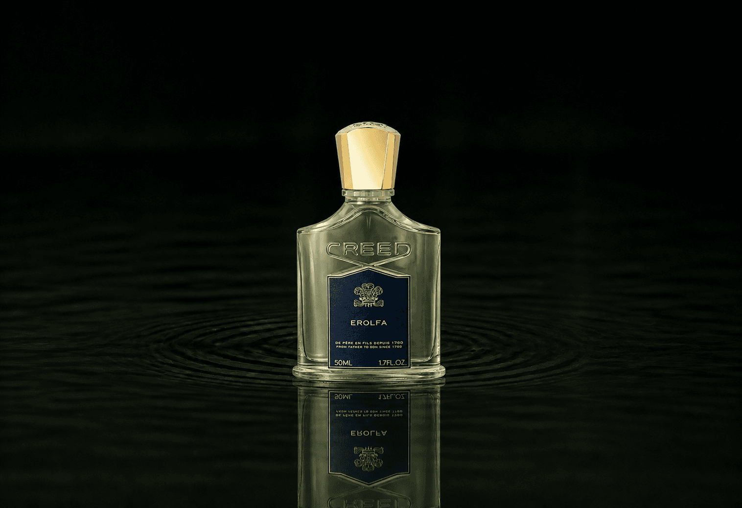 Creed Erolfa fragrance bottle floating above dark water