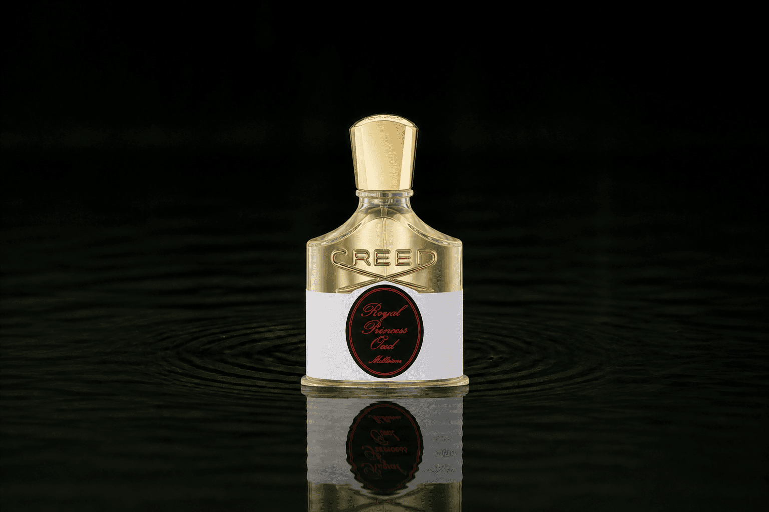 Creed Royal Princess Oud fragrance bottle floating above dark water