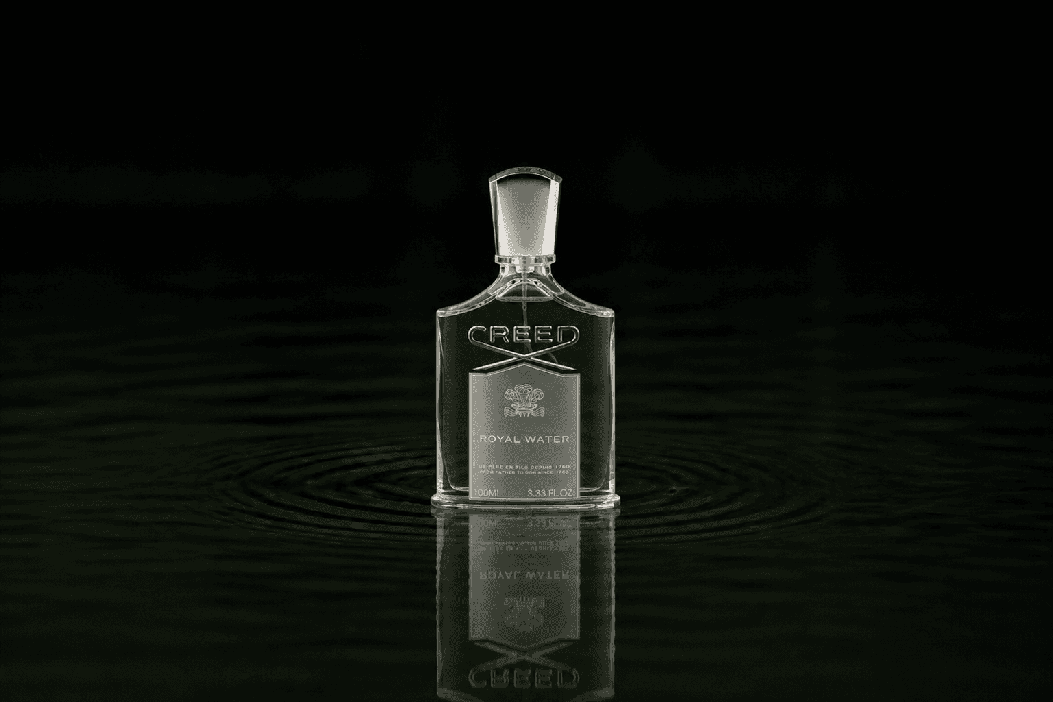 Creed Royal Water fragrance bottle floating above dark water