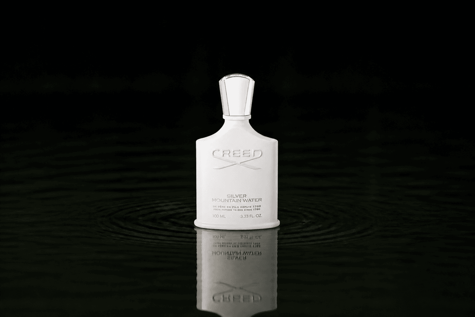 Creed Silver Mountain Water fragrance bottle floating above dark water