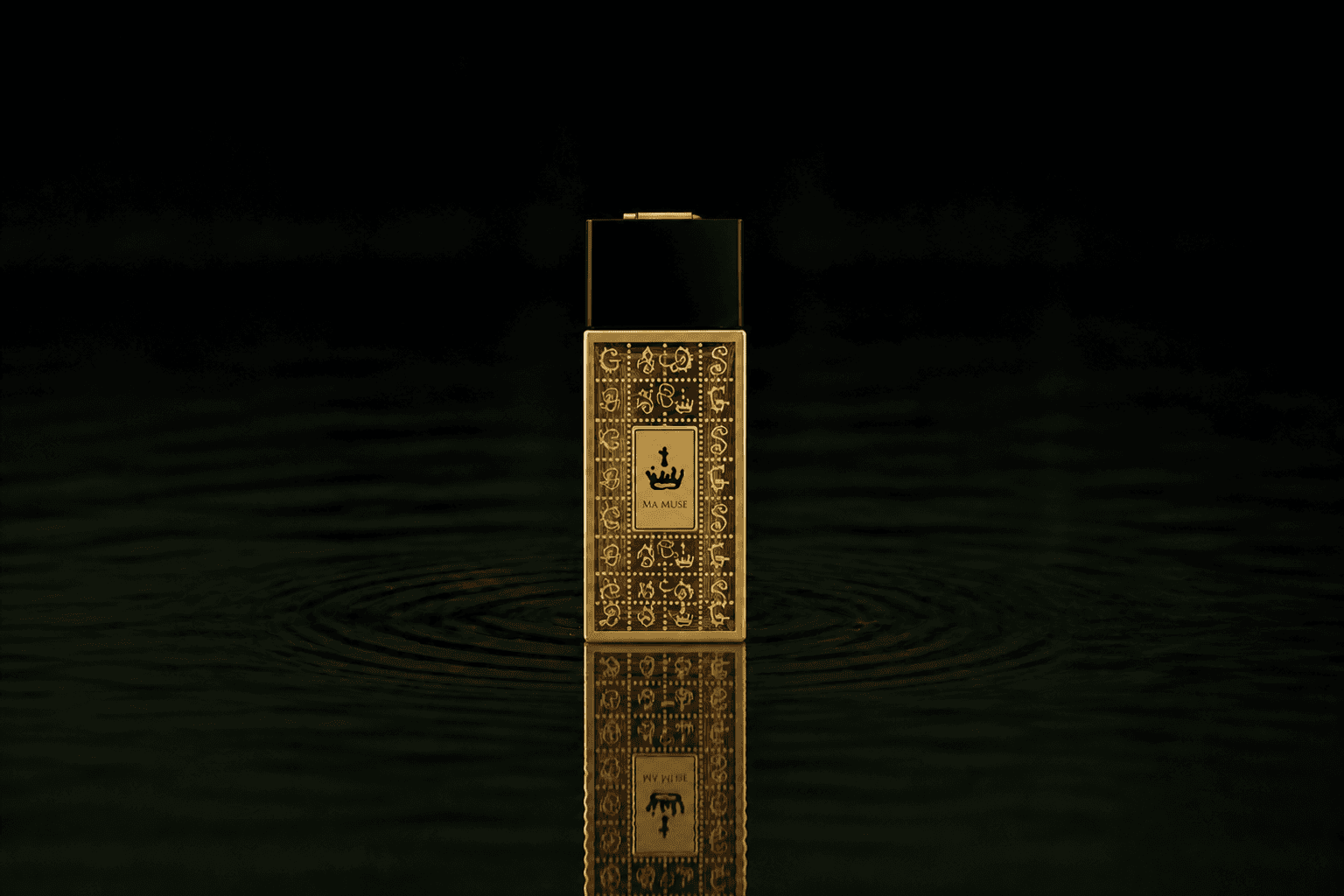 Dali Haute Daligramme Ma Muse fragrance bottle floating above dark water