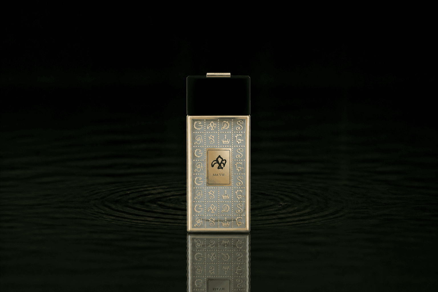Dali Haute Daligramme Ma Vie fragrance bottle floating above dark water