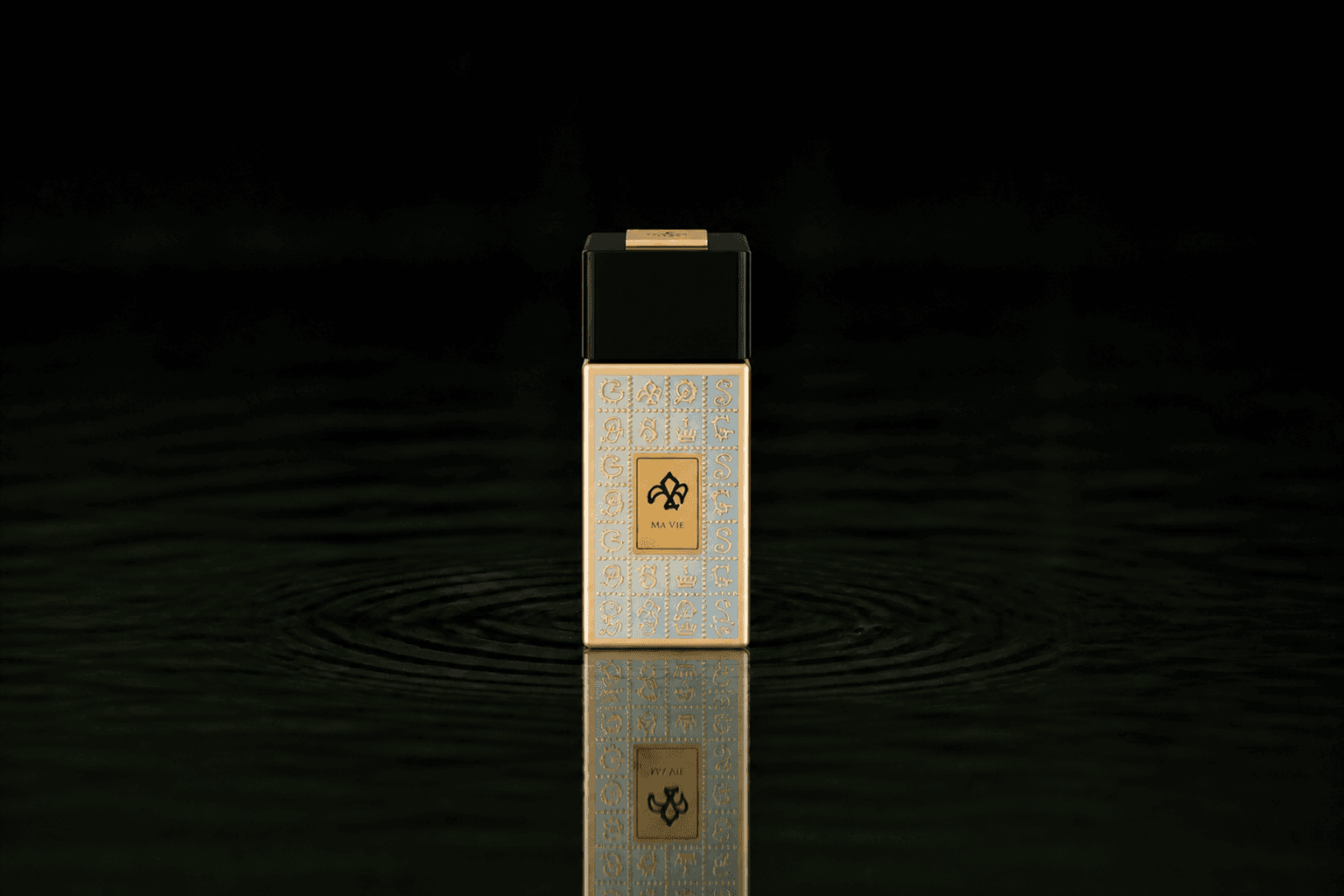 Dali Haute Fabulous Tian Shan fragrance bottle floating above dark water