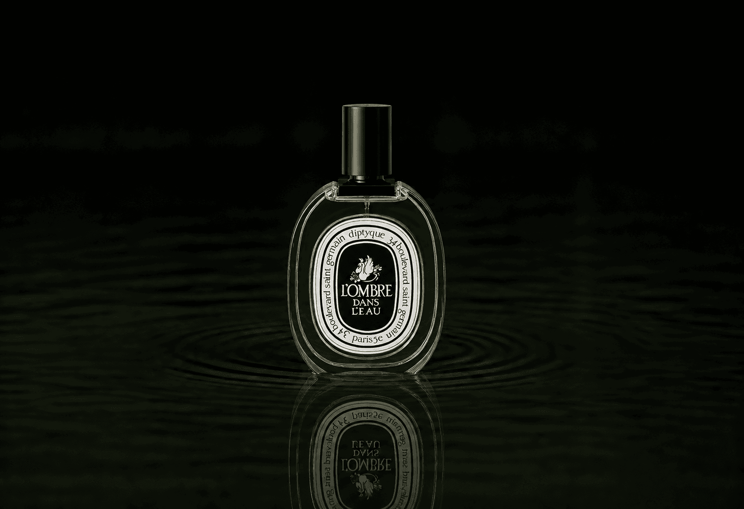 Diptyque L'Ombre Dans L'Eau fragrance bottle floating above dark water