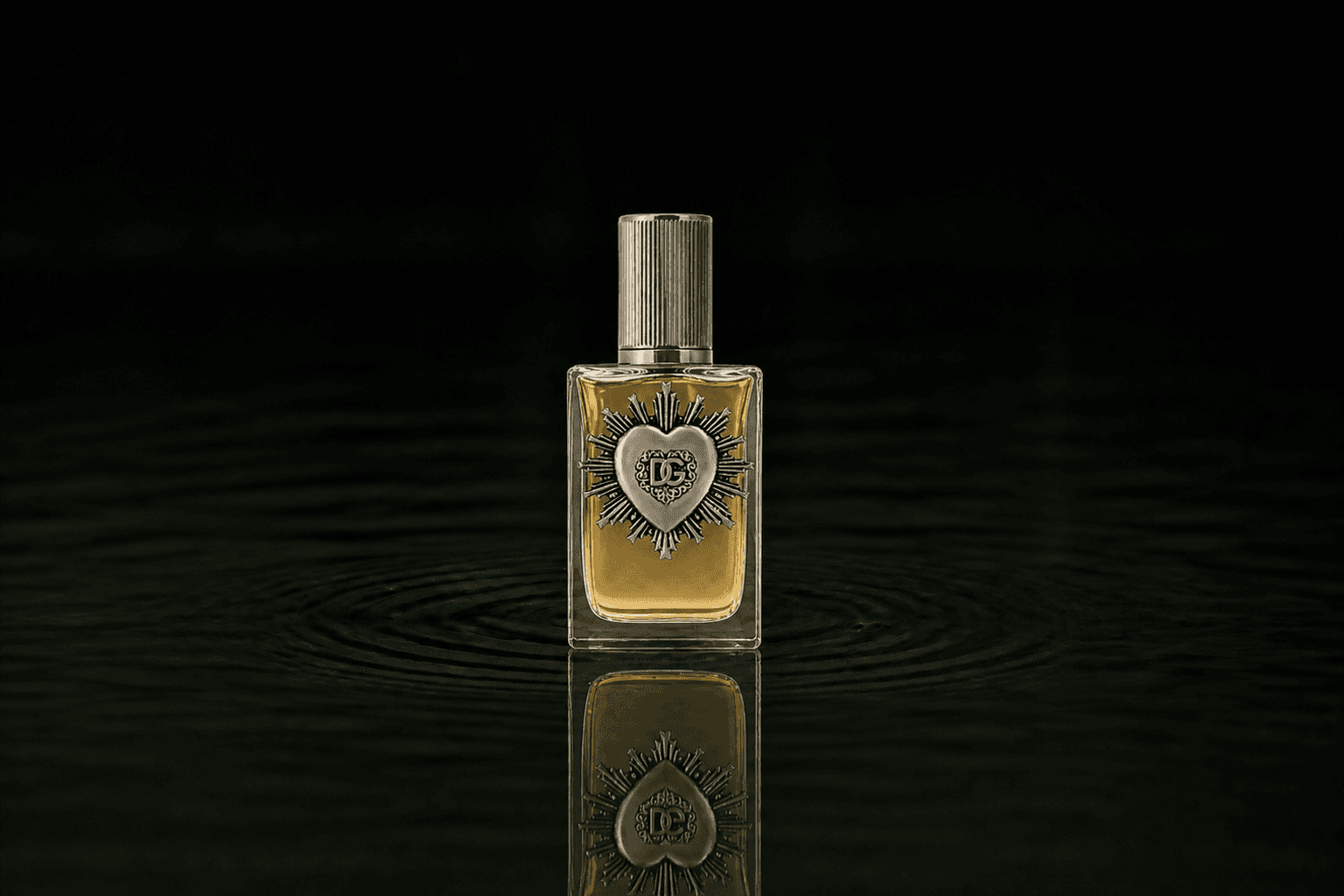 Dolce & Gabbana Devotion fragrance bottle floating above dark water