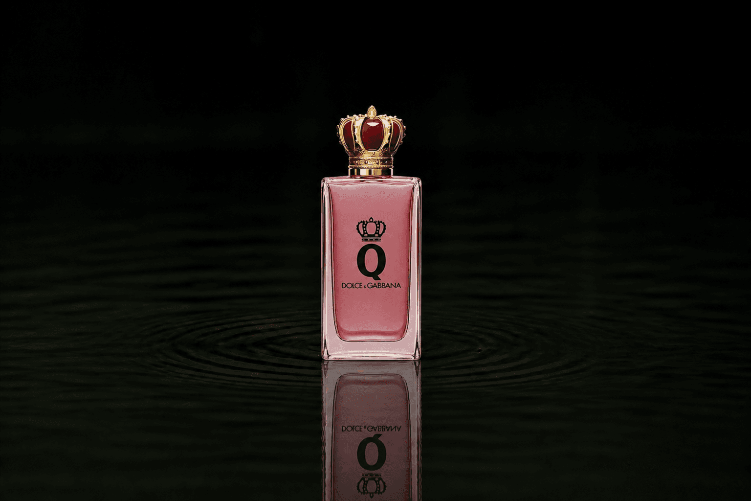 Dolce & Gabbana Q fragrance bottle floating above dark water