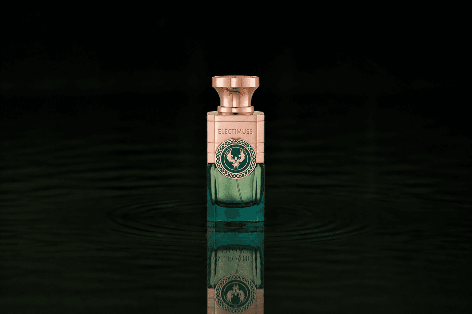 Electimuss Reverie Haze Pure Parfum fragrance bottle floating above dark water