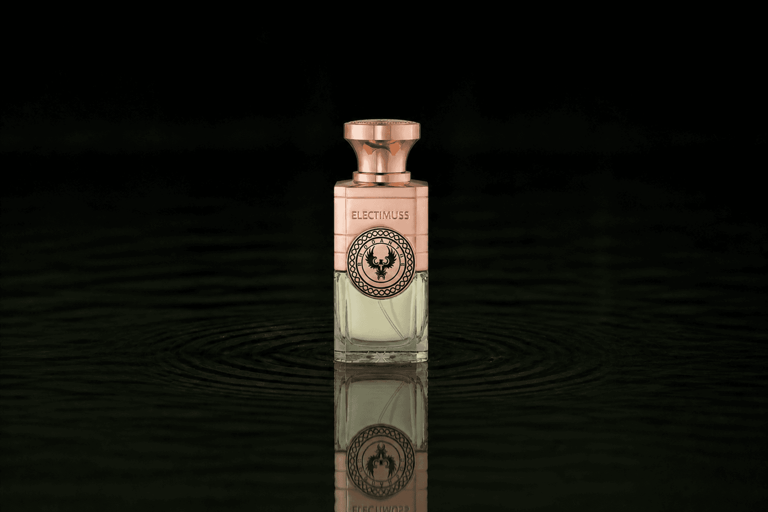 Electimuss Rhodanthe Pure Parfum fragrance bottle floating above dark water