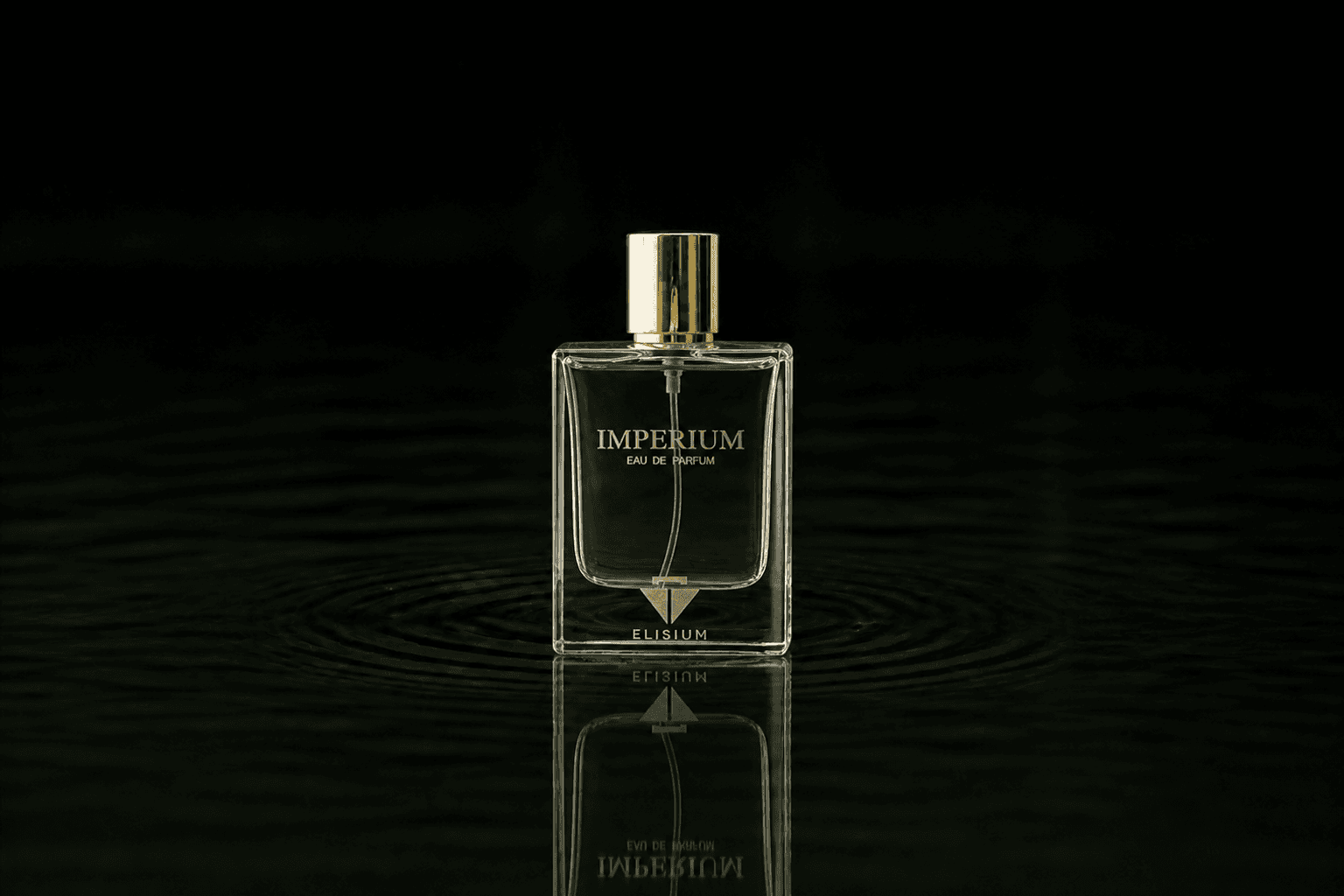 Elisium Imperium fragrance bottle floating above dark water