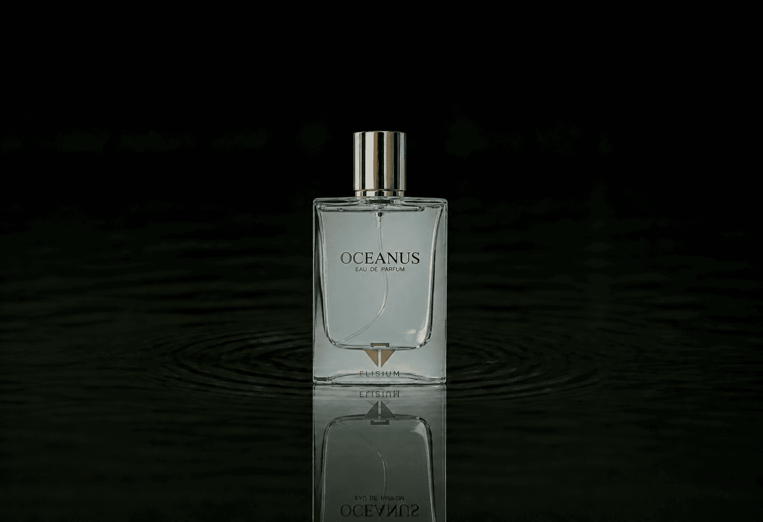 Elisium Oceanus fragrance bottle floating above dark water
