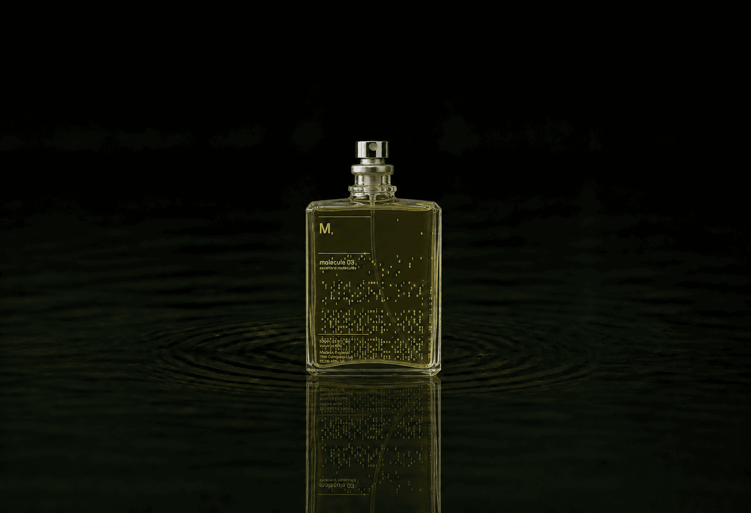 Escentric Molecules Escentric 03 fragrance bottle floating above dark water