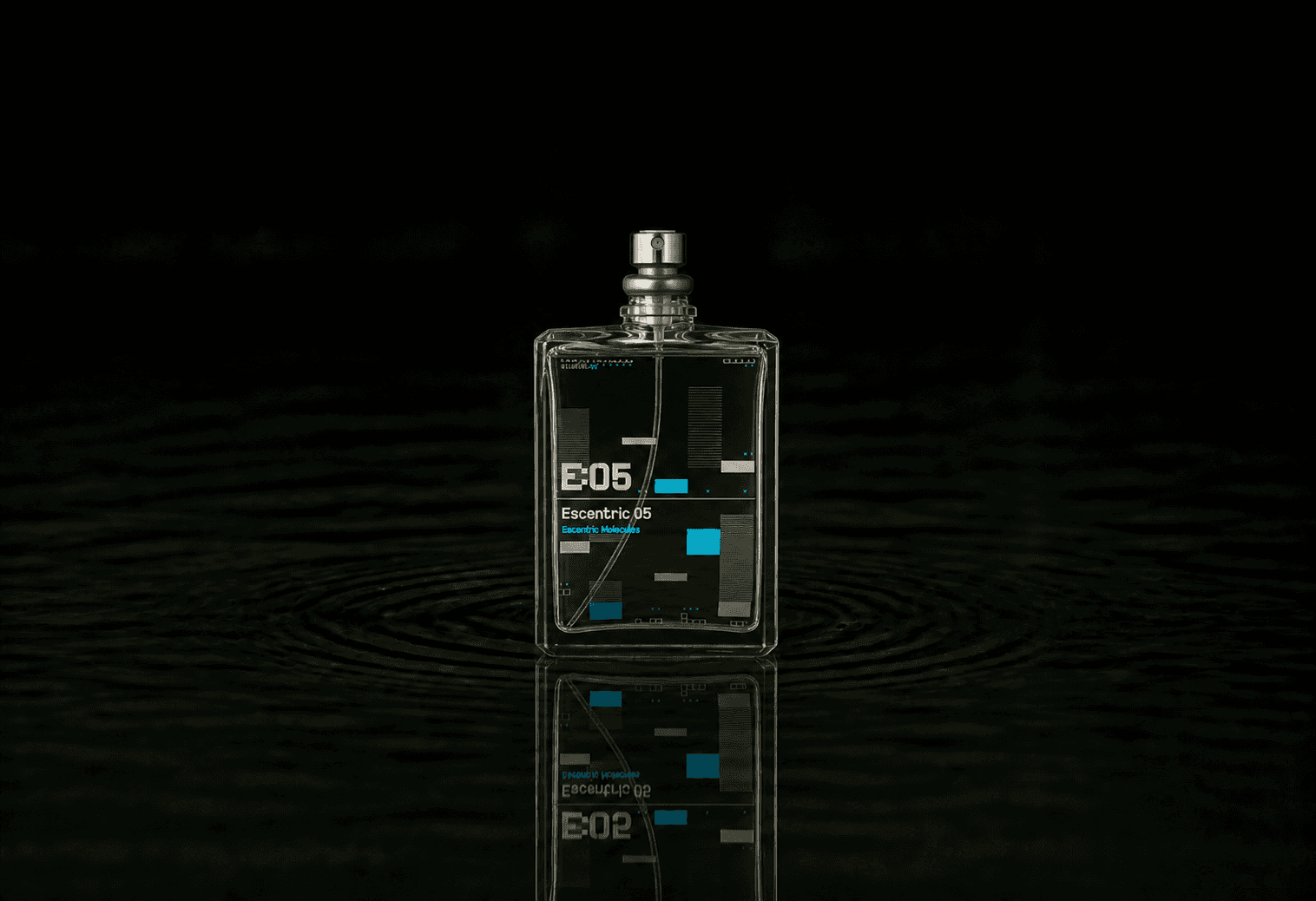 Escentric Molecules Escentric 05 fragrance bottle floating above dark water
