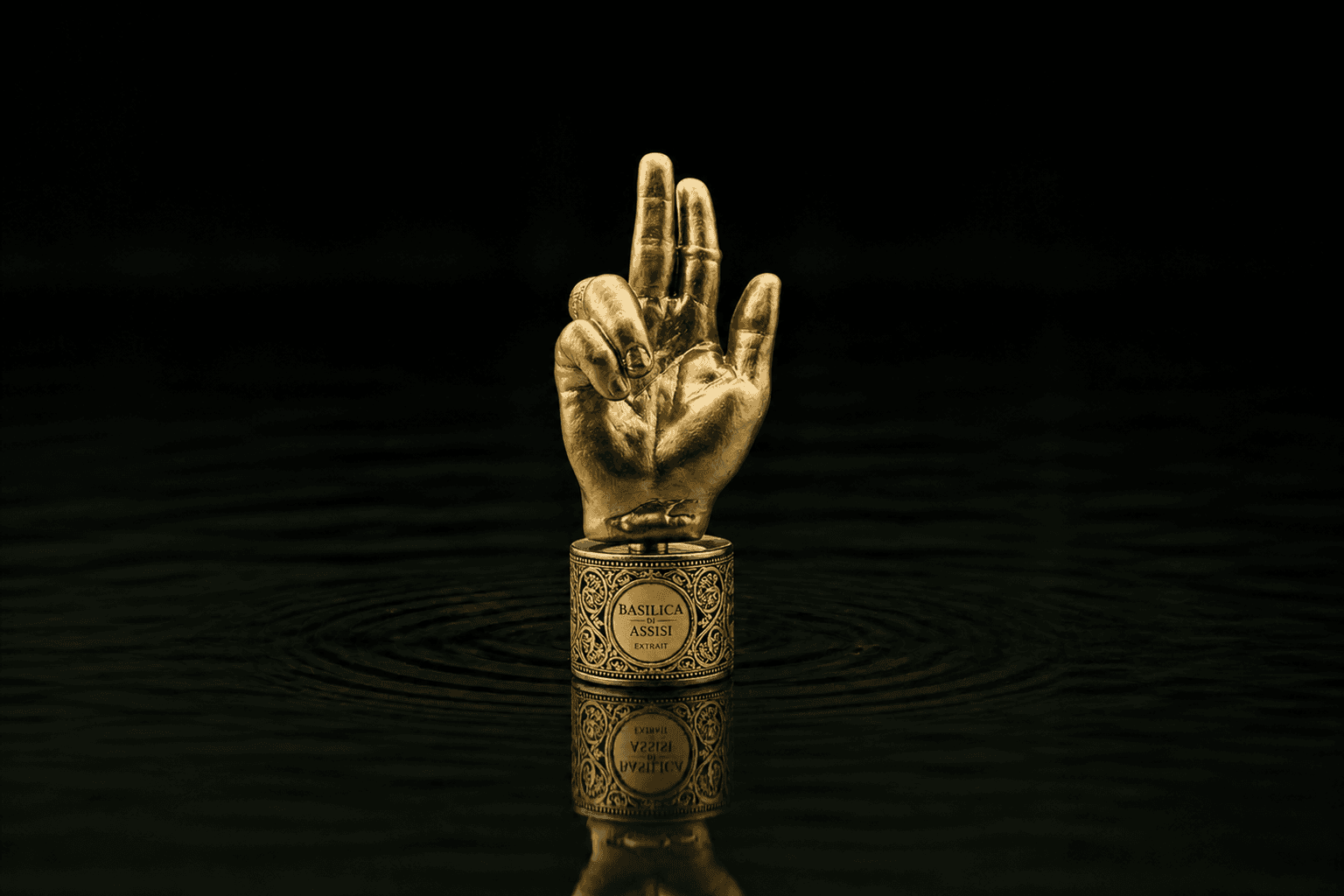 Filippo Sorcinelli Basilica Di Assisi fragrance bottle floating above dark water