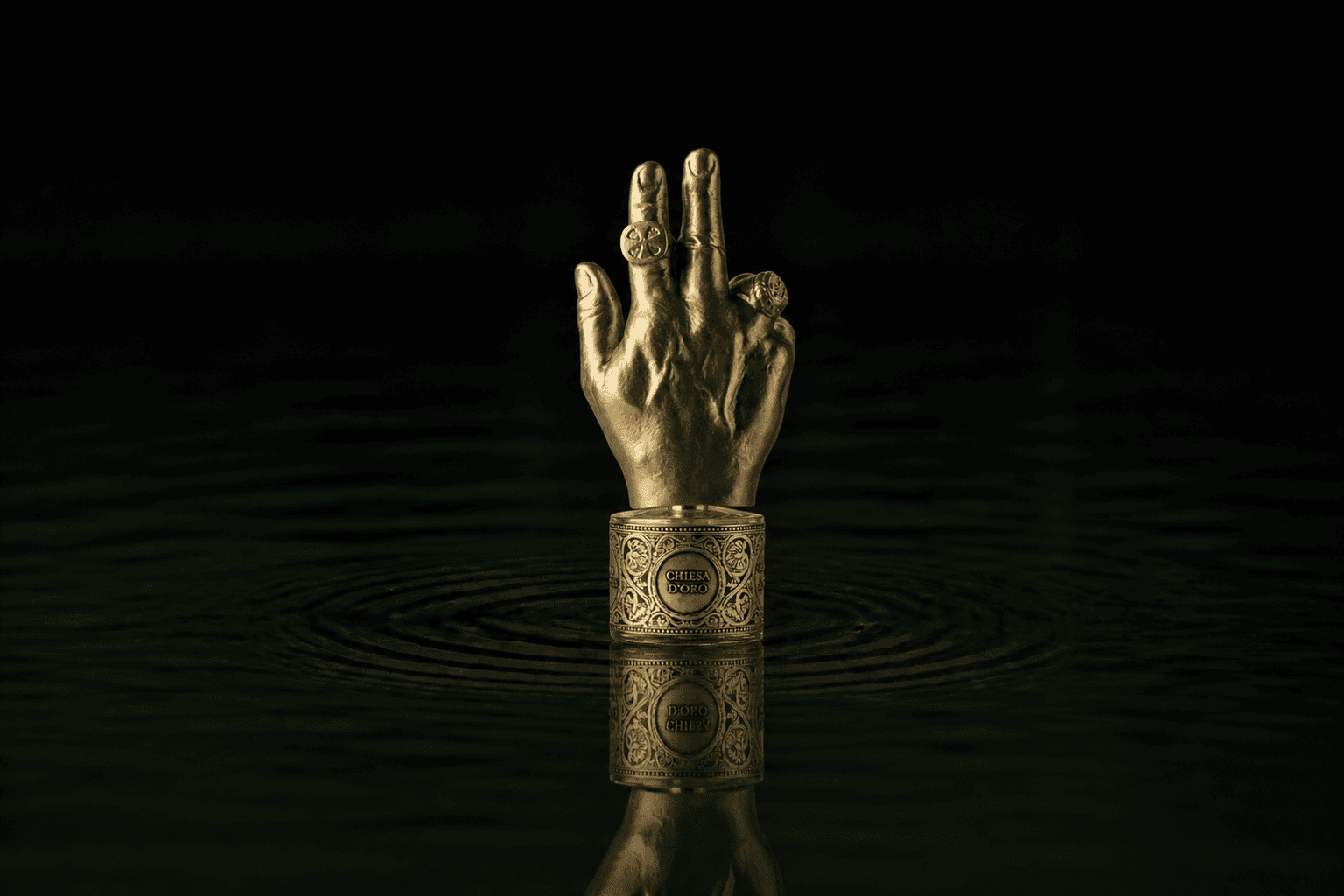 Filippo Sorcinelli Chiesa D'Oro fragrance bottle floating above dark water