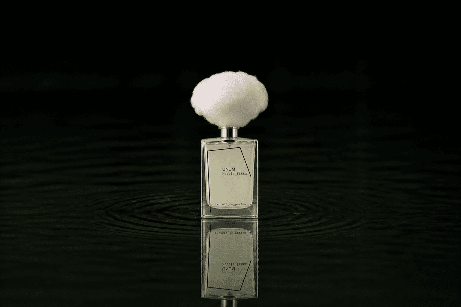 Filippo Sorcinelli Nebbia Fitta fragrance bottle floating above dark water