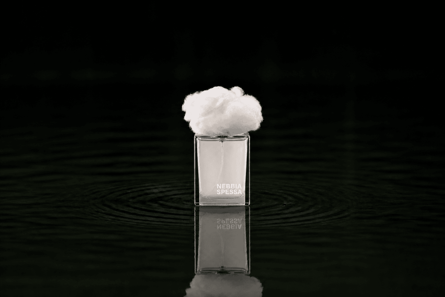 Filippo Sorcinelli Nebbia Spessa fragrance bottle floating above dark water