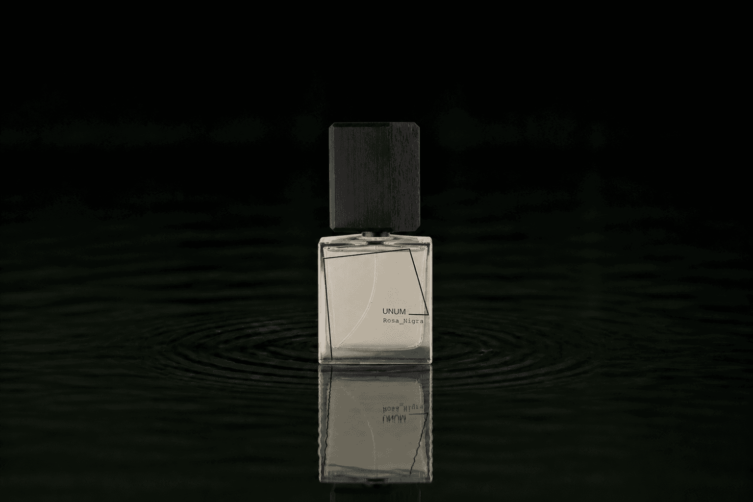 Filippo Sorcinelli Rosa Nigra fragrance bottle floating above dark water