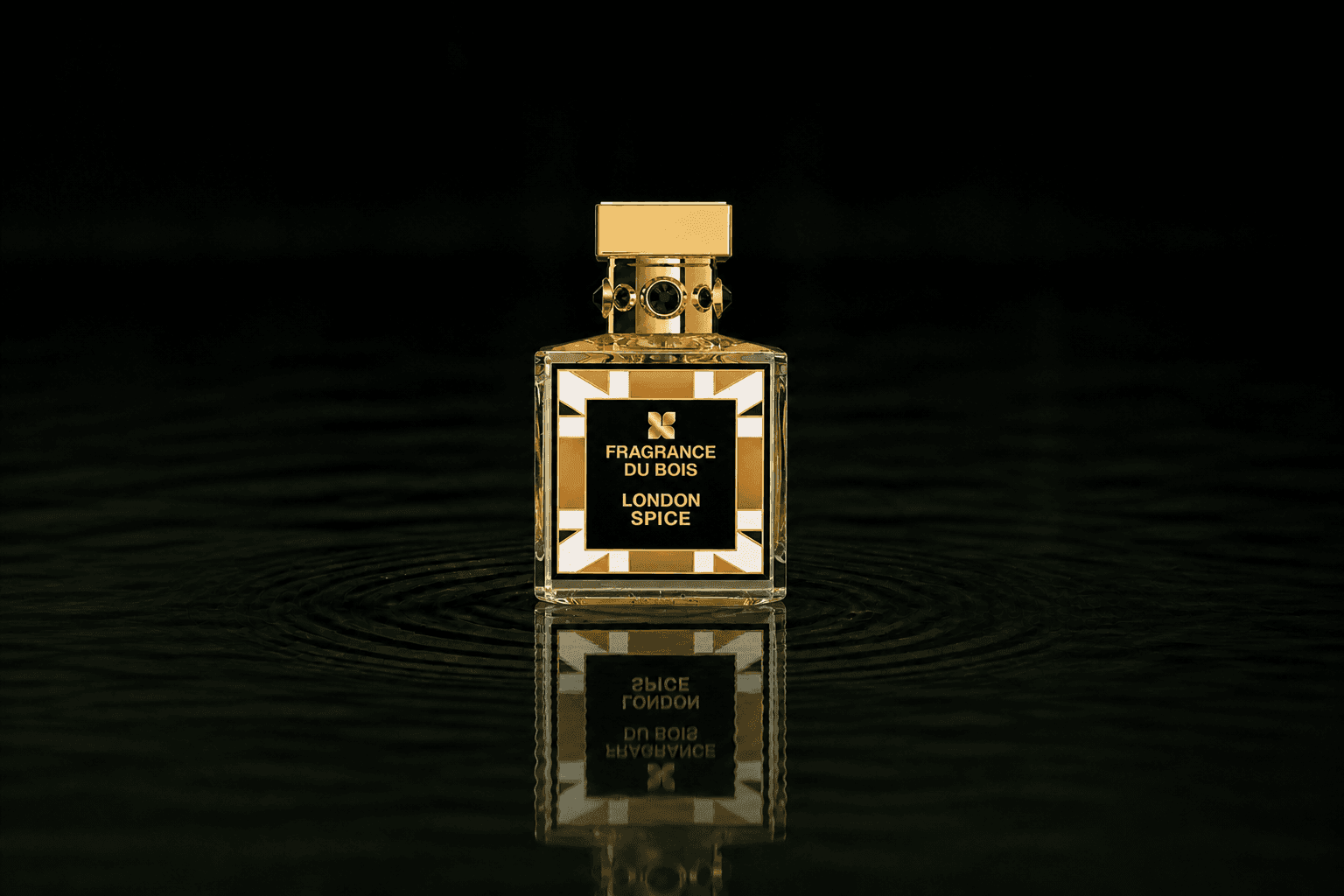 Fragrance Du Bois London Spice fragrance bottle floating above dark water