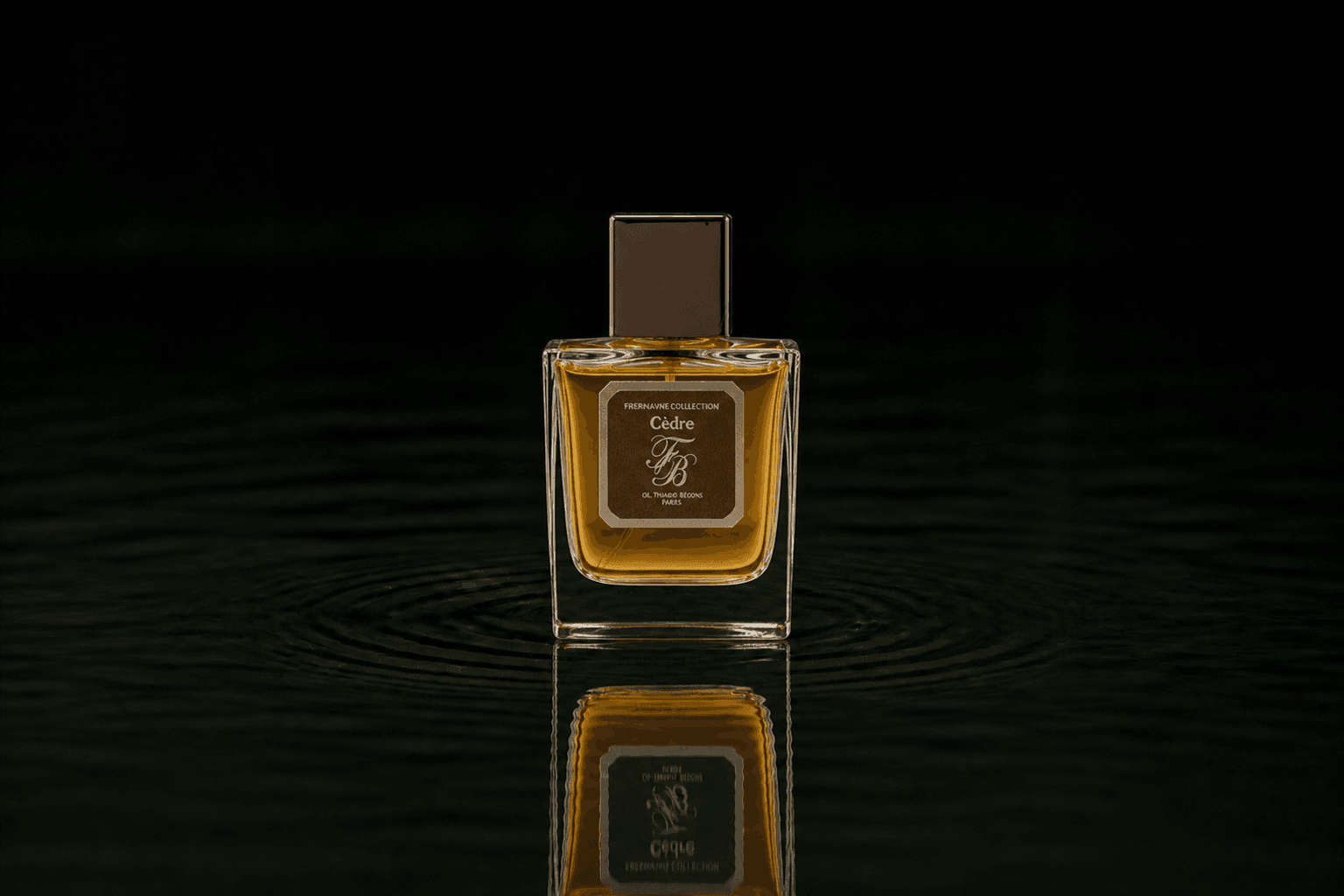 Franck Boclet Cedre fragrance bottle floating above dark water