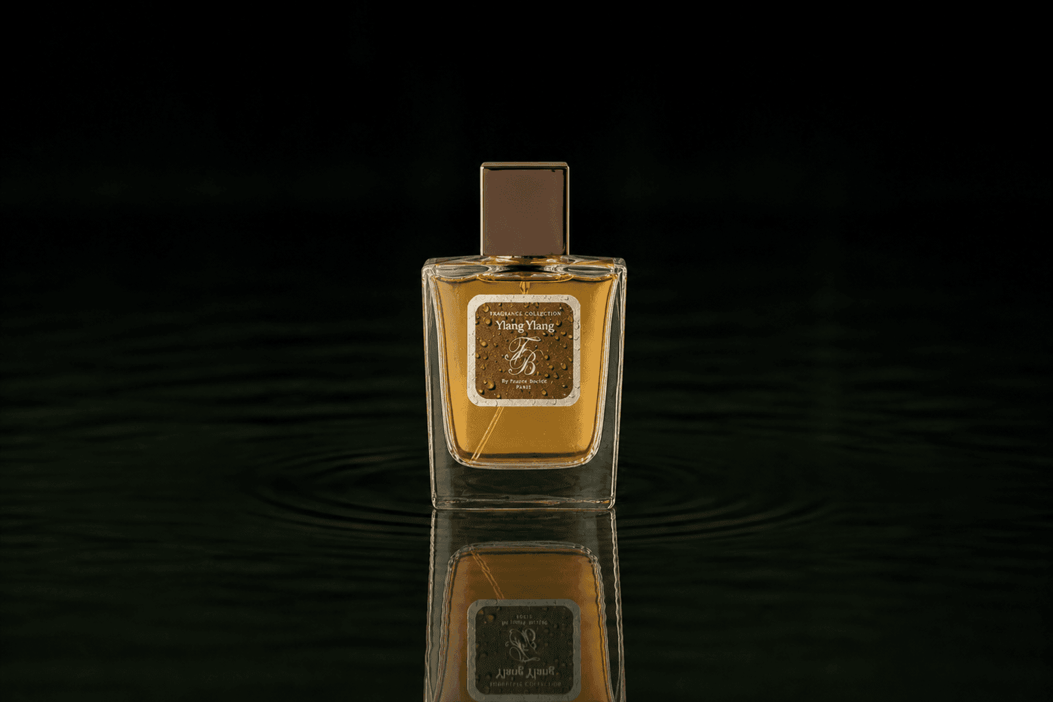 Franck Boclet Enjoy fragrance bottle floating above dark water