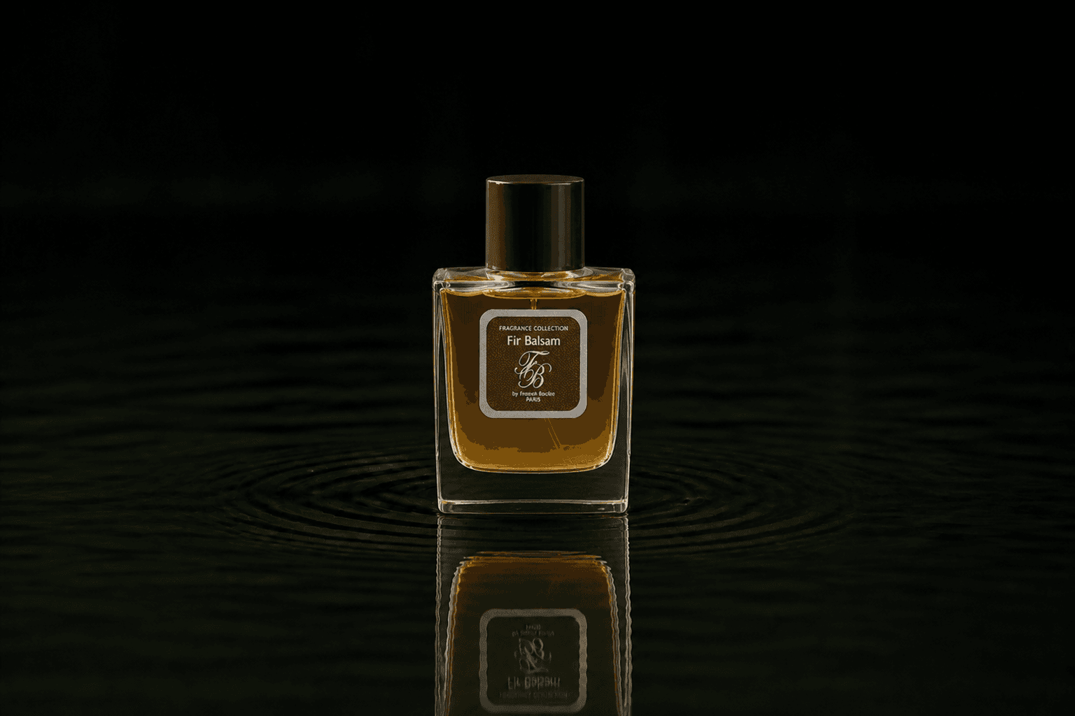 Franck Boclet Fir Balsam fragrance bottle floating above dark water
