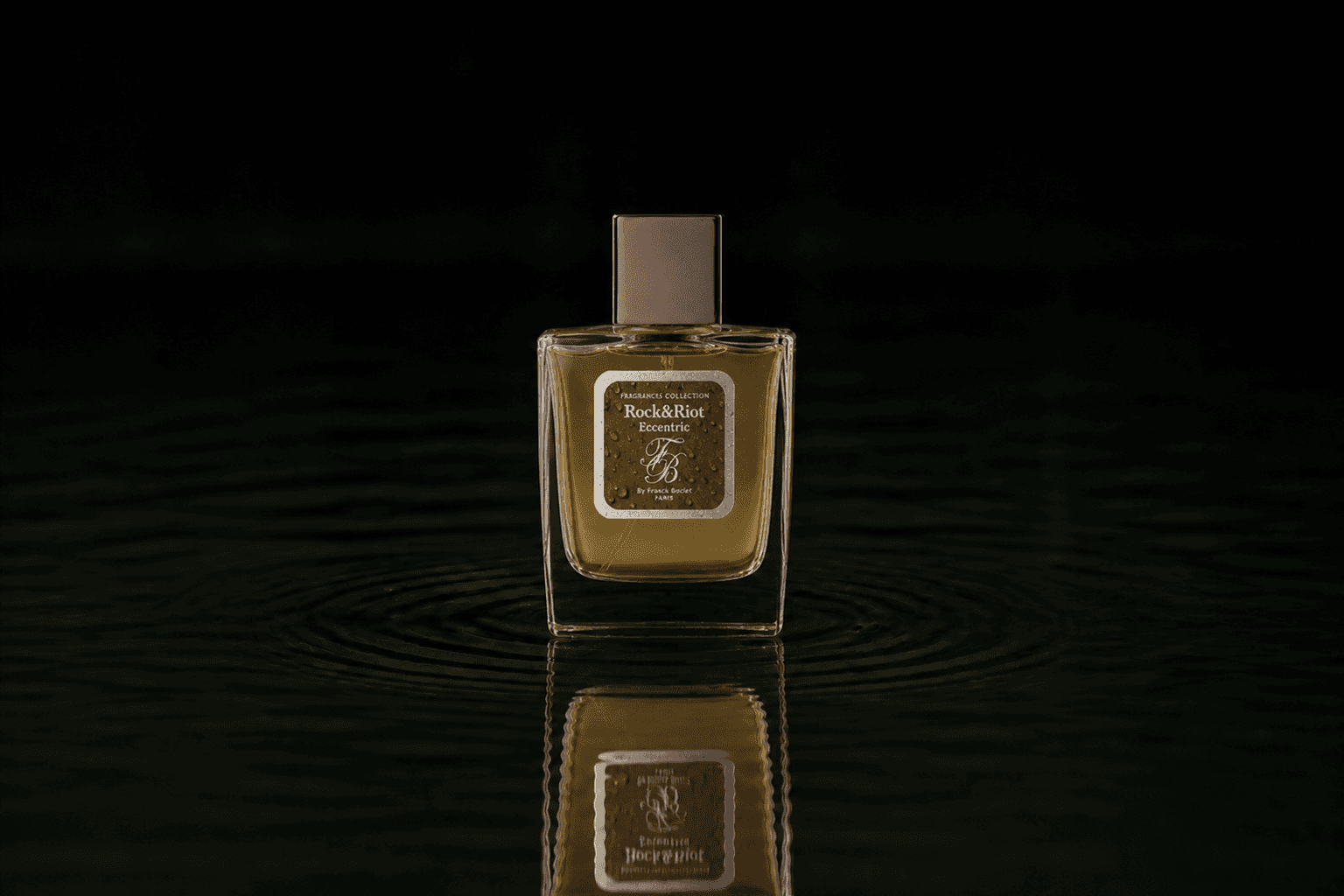 Franck Boclet Rock&Riot Eccentric fragrance bottle floating above dark water