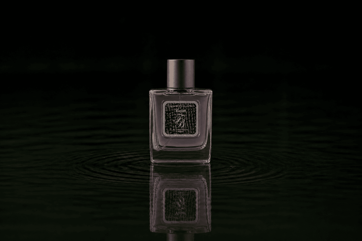 Franck Boclet Violet fragrance bottle floating above dark water
